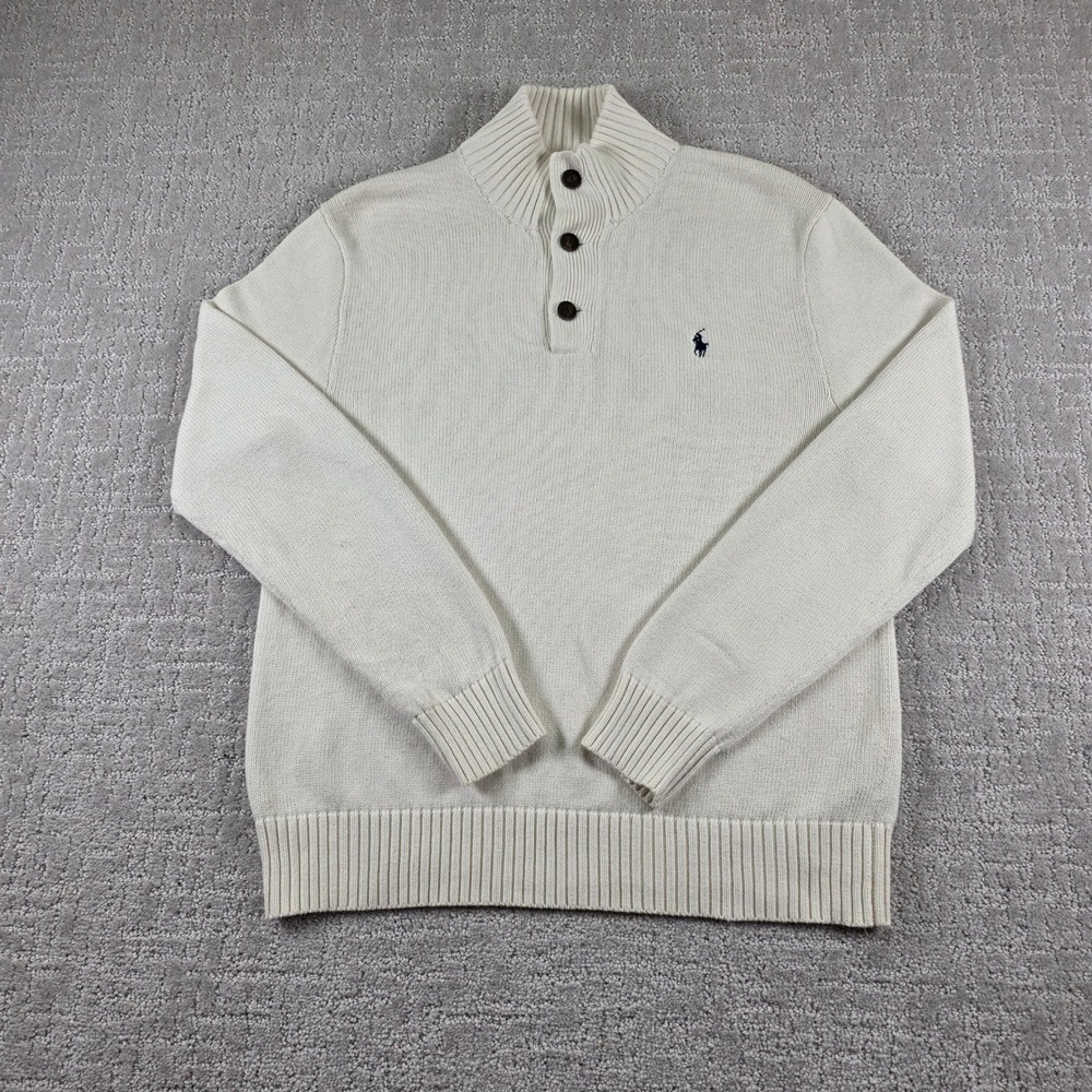 Polo Ralph Lauren Mens Cream Cotton Button Mock Neck Sweater Size M Navy Pony